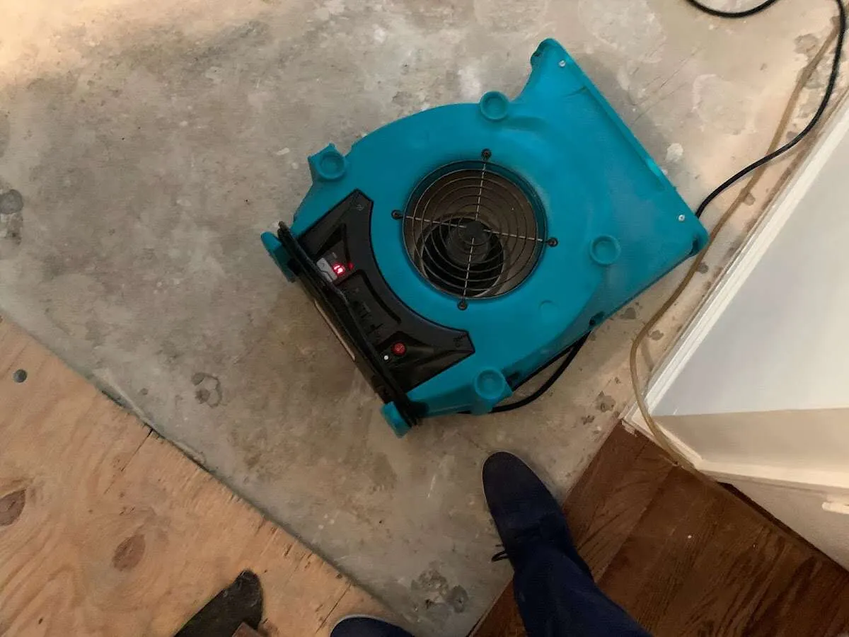 Air mover drying subfloor during Leak Detection & Repair in Grants